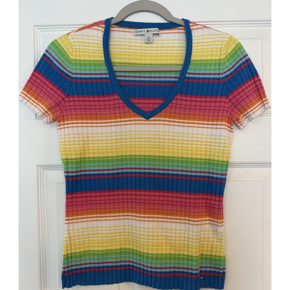 Vtg Rainbow Ribbed Shirt 04 Tommy Hilfiger Cotton Fitted V-neck Y2K Schoolgirl M